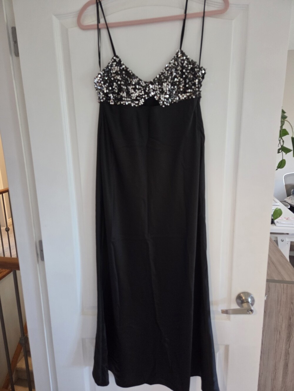 Zara black satin effect sequin V-neck midi slip dress spaghetti strap Sz M NWT